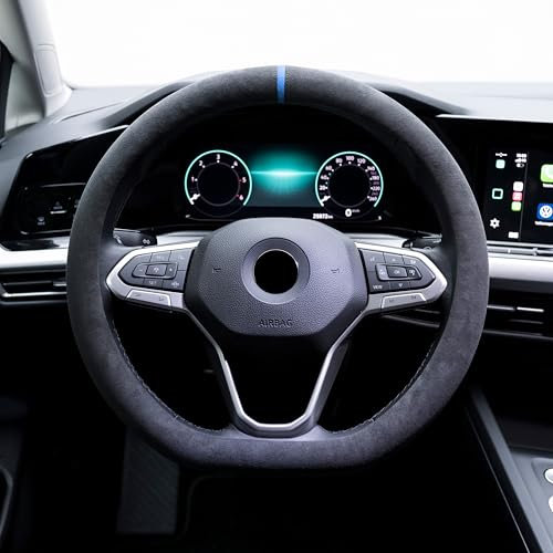 S-TETIC® Premium Lenkradbezug aus Alcantara | D-Form | Blaue 12-Uhr Markierung | Universalgröße 36-38 cm | Sport Lenkradcover | Sommer und Winter