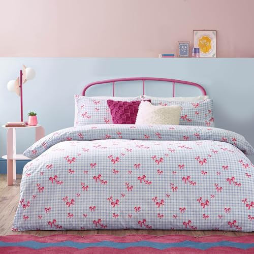 furn. Heya Home Gingham Bows Duvet Cover Set – Soft & Durable Square Check Playful Bows Bedding (Blue – Double – 200x200cm)
