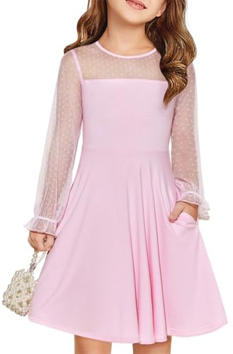 Haloumoning Robe de princesse festive pour fille - En maille contrastée - Manches longues bouffantes - Robe d'été élégante - Ligne A - Col rond - Avec poches - Pour 6-14 ans