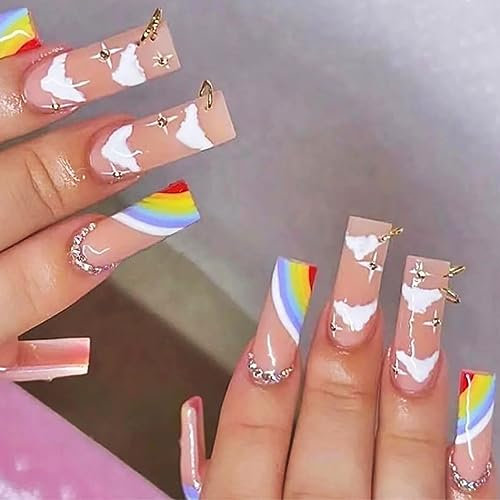 Coffin False Nails Pride Rainbow Press on Nails Rings Long Fake Nails Ballerina Acrylic Stick on Nails 24pcs for Women and Girls