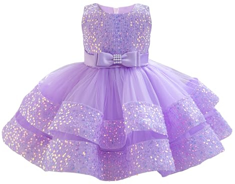 Miipat Babyflicka klänning pajetter prinsessklänning småbarns formell födelsedagsfest bröllopsfestspel klänning flickors klänningar, Ljuslila, 12-18 månader