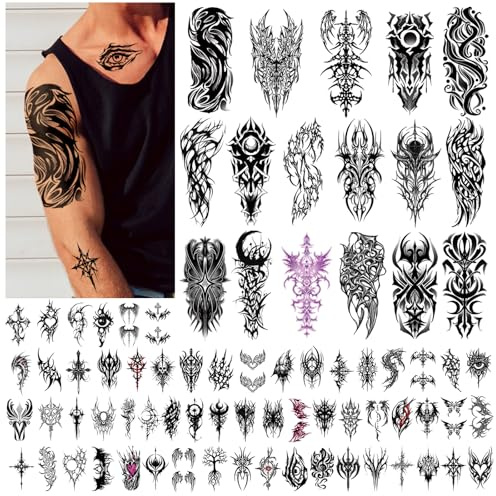 77 Tatuaggi Temporanei Cyborg Tribal Donne Uomini Unisex, 17 Teschi con Farfalle Mezzo braccio, 60 Tatuaggi Finti Sticker Vintage Nero Impermeabili e di Lunga Durata
