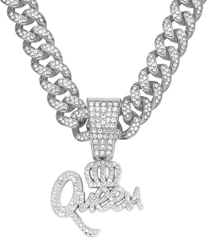 jtkhaweh Halskette Ketten Schmuck Herren Frauen Anhänger Necklace Hip Hop Krone Queen Buchstabenanhänger, Temperament Und Persönlichkeit Halskette 单吊坠-银色(皇冠Queen)