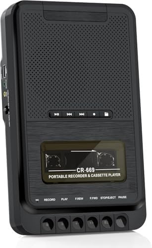Tragbarer Kassettenspieler Kassettenrekorder,Aufnahme auf Kassetten/USB/SD-Karte über Mikrofon, Kassette zu MP3-Musik über USB/SD-Karte/PC, Kassettenrekorder mit ausziehbarem Griff(Schwarz)