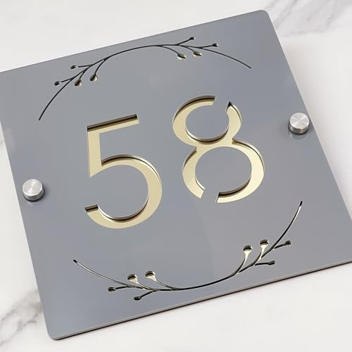 Plaque de Numéro de Maison en Acrylique Creux 3D avec Design Floral Ornemental – Plaque d'Adresse Personnalisée Gravée au Laser pour Mur, Plaque de Numéro de Porte Flottante à Finition Mate (Gris doré
