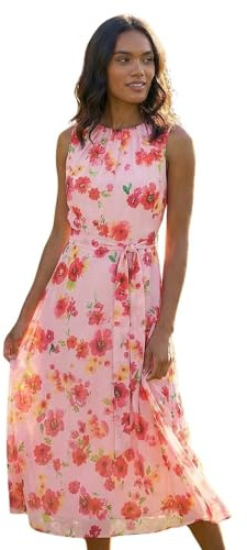 Roman Animal Print Pleated Chiffon Dress for Women UK Ladies Spring Everyday Summer Holiday Round Neckline Comfy Sleeveless Soft Fit & Flare Frock Midi Length Gowns