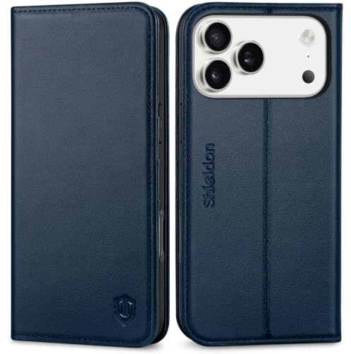 SHIELDON Echtleder Hülle für iPhone 18 Pro Max/17 Pro Max 6,9, Marineblau | Lederhülle, Klapphülle, RFID Blocker, Ständer, 3 Kartenfächer, Handy-Ösen, TPU Magnetische Handyhülle, Kartenhalter