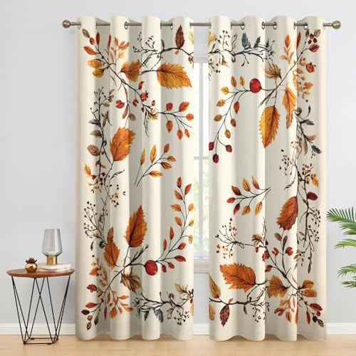 SZLYZM Vorhänge Blatt, Verdunkelungsvorhang 2er Set - Vorhang Blickdicht Herbst Blätter Muster, Thermovorhang für Deko Wohnzimmer Schlafzimmer, Gardinen mit Ösen 175x140 cm (HxB) V-&E286