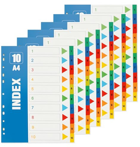 6-pack 10 delar register avdelare för mapp A4, 11 hål mapp index 5 färger, plastflikar indexblad, A4-mappregister, för skola, hem, kontor, organisation