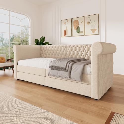 BXEYXE Vintage Kopfteil Polsterbett Sofabett 90x200 cm. Schlafsofa Tagesbett mit 2 Stauraum Schubladen. Kinderbett Jugendbett Bettgestell mit Lattenrost aus Holz. Linen. Beige(Ohne Matratze)