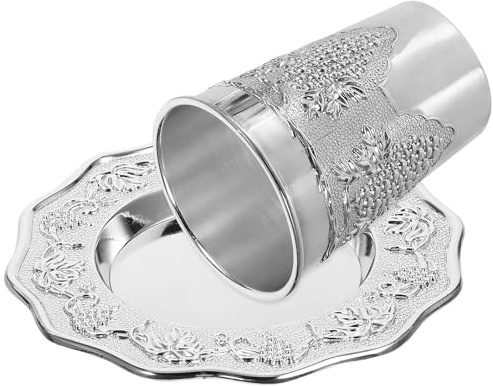 POPETPOP Coupe Kiddouch Argentée Avec Soucoupe, Ensemble, Acier Inoxydable, Pour Shabbat Et Vacances Juives, Cérémonie Religieuse Et Célébrations Traditionnelles