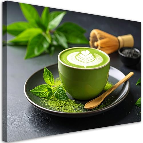 Feeby Wandbilder - Bilder Esszimmer - Matcha-Tee Latte - 120x80 1tlg - Küche Bild Groß - Wohnungs - Foto Geschenk - Leinwand Wall Art - Wand Deko