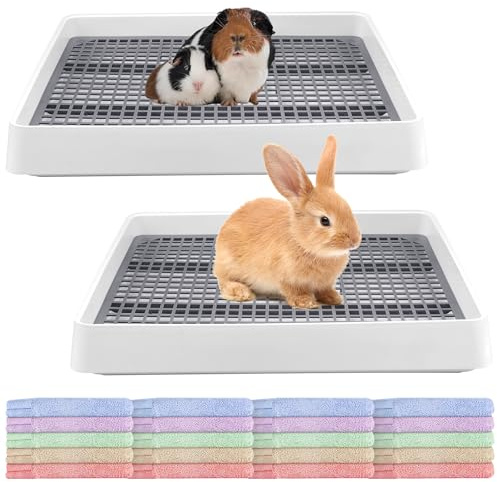 2er Set Kaninchentoilette mit 20 Fleece-Decken, Große Hasentoilette für Meerschweinchen, Frettchen, Chinchillas & Igel, Toilettentrainer Set mit Gitter, Waschbare Käfigeinlagen, 38x31cm