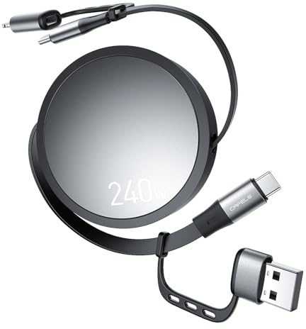CAFELE 240W Max 4 in 1 Retractable Charger Cable with Adjustable 30-120CM | Fast Charging &Data Synic for USB C Port,Type C/A to C/L Multiple Cord for 17 16 15 14 Pro/MaBook/Pad Air/Laptop/Galaxy S25