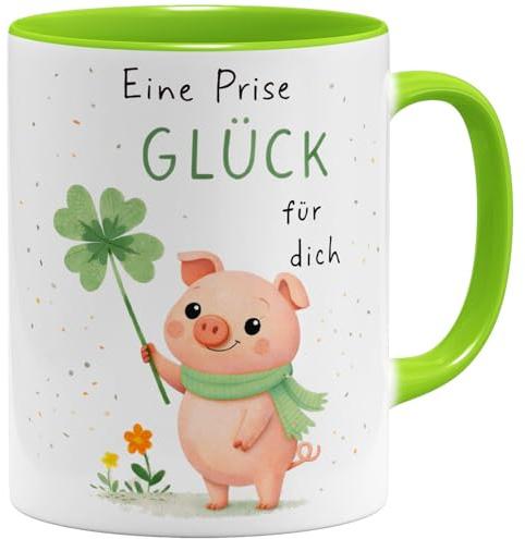OM3® Eine Prise Glück Kaffee-Tasse mit Spruch - Liebevolle Spruchtasse mit Schweinchen Schwein - Keramik Becher - 325ml - Beidseitig Bedruckt - Hellgrün