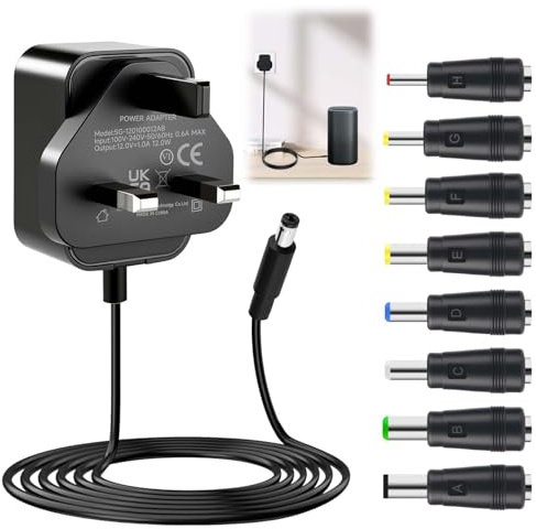12V 1A DC Power Supply Adapter, 12W Universal AC/DC to DC Charger 12V with 8 Tips (5.5x2.1mm), 1.5M Power Cable for Ring Doorbell UK, CCTV Camera, BT Speaker, Router and Home Electronics