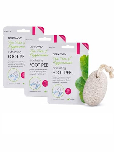Derma V10 Tea Tree & Peppermint Exfoliating Foot Mask Peel- Pack of 3 with 1x Pumice Stone for Feet scrub&care. Feet moisturizing bundle