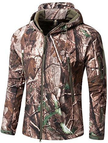 YFNT Herren Taktisch Softshell Fleecejacke Camouflage Hoodie Outdoor Wandern Wasserdicht Mantel Jacken, Tote Blatter Tarnung, L