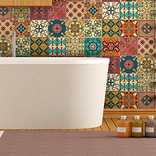 16 Stickers adhésifs carrelages | Sticker Autocollant Carreaux de ciment - Mosaïque carrelage mural salle de bain et cuisine | Carreaux de ciment adhésif mural - azulejos - 20 x 20 cm - 16 pièces