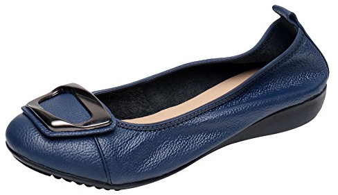 Jamron Women Genuine Leather Comfort Shoes Soft Sole Ballerinas Low Wedge Heel Slippers Blue SN020624 UK5