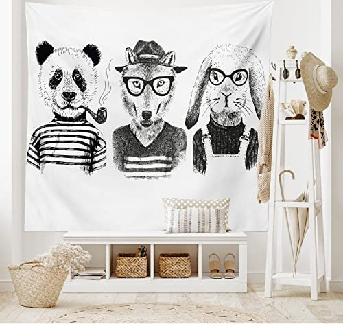 ABAKUHAUS Tier Wandteppich und Tagesdecke Hipster Panda Zigarre Foxaus Weiches Mikrofaser Stoff 230 x 140 cm Pflegeleicht, Schwarz-grau-weiß