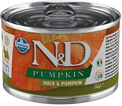 Farmina N&D Pumpkin Mini Pastete Hundefutter (Nassfutter, mit hochwertigen Vitaminen und natürliche Antioxidantien, ohne Mais, Zutaten: Ente und Kürbis, Portionsgröße: 140 g)