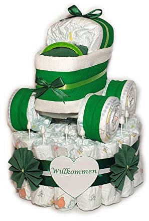 Windeltorte mit Windelkinderwagen grün | Geschenk zur Geburt oder Taufe | Hingucker auf der Babyparty | Taufgeschenk