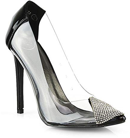New Womens High Heel Shoes Ladies Perspex Diamante Point Toe Slip On Pumps