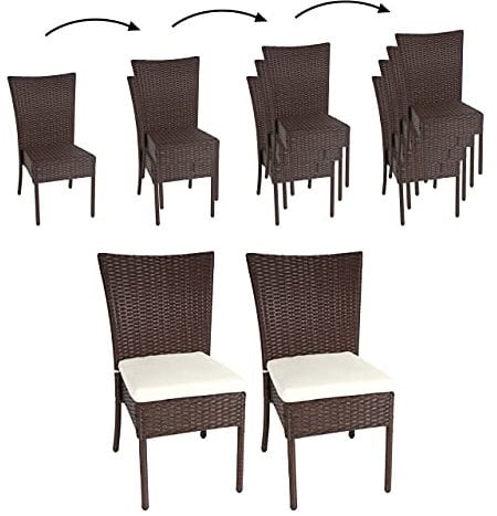 Mendler 2er-Set Poly-Rattan Stuhl HWC-G19, Balkonstuhl Gartenstuhl, stapelbar - braun, Kissen Creme