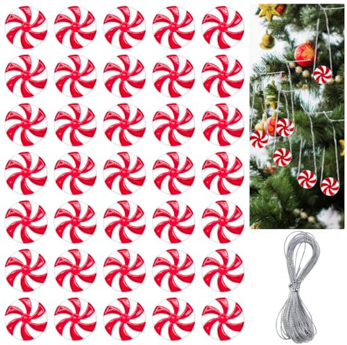 50 Stück Zuckerstangen Weihnachtsbaum, Christbaumschmuck zum Anhängen,Zuckerstangen Süßigkeiten Weihnachtsbaumschmuck Anhänger, Weihnachtsbaum Dekoration Anhänger Acryl mit Kordel Rot und Weiß