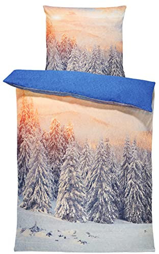 one-home Winter Bettwäsche 135x200 cm Winterlandschaft Schnee blau Flausch Thermofleece