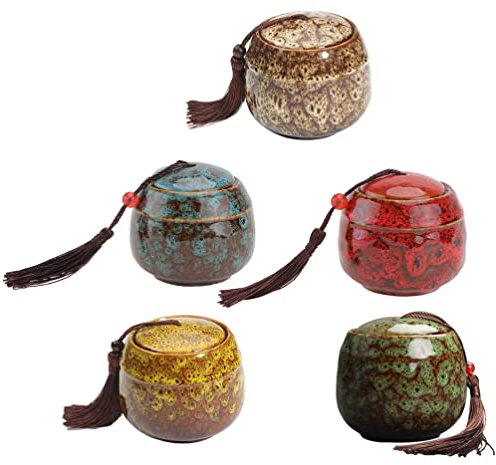 Happyyami Ceramic Tea Jar Set 5Pcs Mini Loose Tea Storage Containers with Lids for Coffee Sugar Spices 2.44 Inch Diameter Decorative Kitchen Canisters