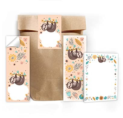 Junapack 12 Lesezeichen + 12 Mini-Notizblöcke + 12 Geschenktüten (Natur) + 12 Aufkleber Faultier Mitgebsel Gastgeschenk beim Kindergeburtstag Mädchen Jungen