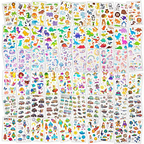 Habett 60 Blätt Tattoo Kinder, Mädchen Tattoo Set Jungen Tiere Einhorn Schmetterling Weltraum Transport, Klebetattoos Perfekt für Geburtstag Party Mitgebsel Hautfreundliche Kindertattoos Temporäre