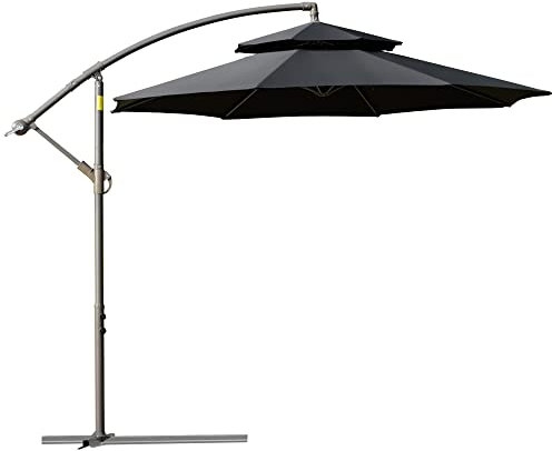 Outsunny 2.7m Garden Banana Parasol Cantilever Umbrella with Crank Handle, Double Tier Canopy and Cross Base for Outdoor, Hanging Sun Shade, Black