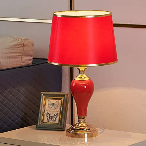 Mengjay Keramik Tischlampe Schlafzimmer Nachttisch Lichtdekoration Schreibtischleuchten,E27 Nachttischlampe Rot Tischleuchte,Moderne Wohnzimmerlampe aus Stoff,Lampe mit Schalter