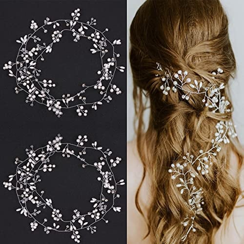 TSHAOUN 2 Pcs Bridal Hair Vines Crystals Wedding Headpieces Hairband Rhinestones Accessories, Pearl Headband for Bridesmaid Flowergirls (50cm, Silver)