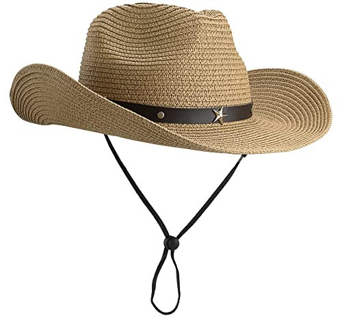 Chapeau de cowboy en paille pour femme - Chapeau de soleil souple à large bord pour l'été et la plage - Panama, Ceinture kaki/étoile, taille unique
