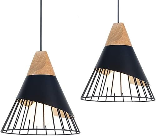 MAXDUYU 2 Stück Schwarz Vintage Pendelleuchte Moderne Holz Metall Industrielle Deckenleuchten Pendelleuchtenschirme E27 Innenleuchten für Esszimmer Küche