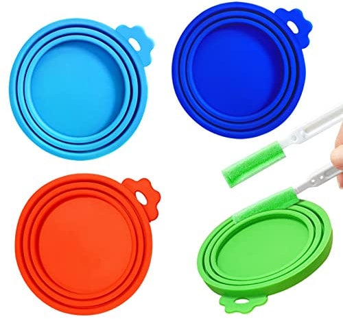 4 Stück Tierfutter-Dosendeckel,3 in1 Größe Silikon Dosendeckel,Auslaufsichere Dosendeckel mit Reinigungsbürste für Haustiere Hunde und Katzen,spülmaschinengeeignet(blau, dunkelblau, grün, rot)