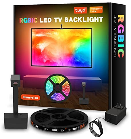 XRC TECH LED RGBIC WiFi TV Backlights Tuya App Control with HD 1080P Camera Mulitcolor Music Sync TV Backlights Strip for 55-65 inch TV PC Kits