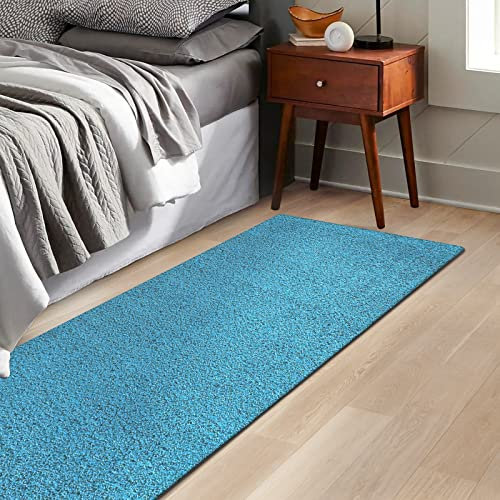 KARAT Barcelona Bedroom Runner Rug, Deep Pile Bed Surround Carpet Runner Floor Mat, Rug Runner Floor Mat for Bedroom, Living Room, Hallway (Blue, 60 x 160 cm)