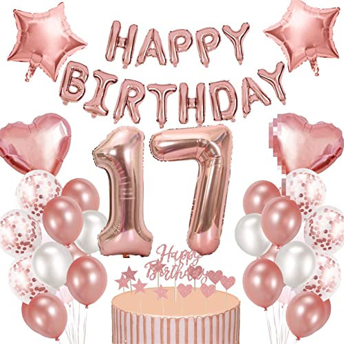 Creaher 17. Geburtstag Deko Mädchen Rosegold Ballon Set Luftballon 17 Folienballon Happy Birthday Girlande Kuchendeckel 17. Geburtstag Deko 17 Geburtstagdeko Frauen