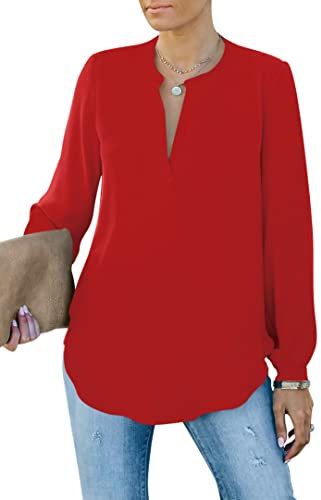 Homlan Blusa Elegante para Mujer, Cuello en V, Manga Larga, Informal, túnica, Camiseta de Manga Larga, Monocolor, Suelta, Rojo, L