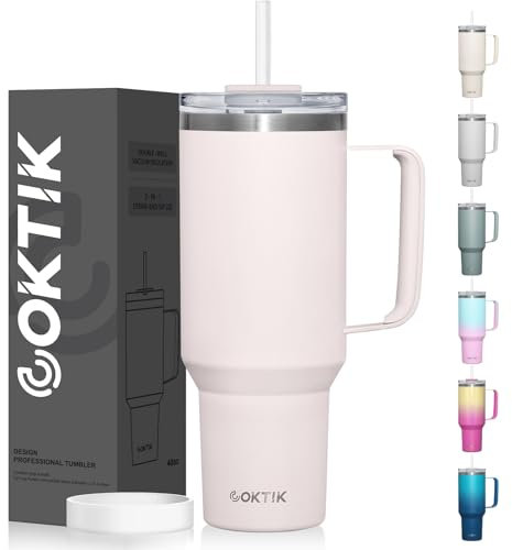 COKTIK 40 oz Tumbler With Handle and Straw Lid, 2-in-1 Lid (Straw/Flip), Vacuum Insulated Travel Mug Stainless Steel Tumbler for Hot and Cold Beverages,Easy to Clean (Rose Quartz)