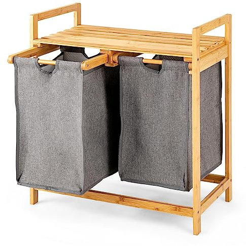 Multigot Bamboo Laundry Basket, Double Clothes Laundry Hamper with 2 Pull-Out Laundry Bags, Clothes Washing Storage Organizer for Bathroom Bedroom