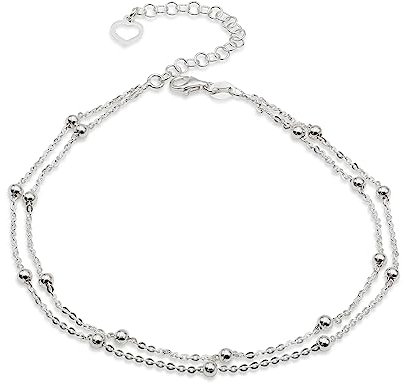 Aka Gioielli® - Bracelet de Cheville Femme en Argent 925 Sterling - Chaîne Double avec Boules - Longueur réglable