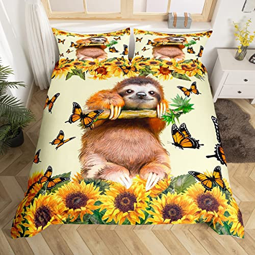 Faultier Bettwäsche 135x200 Kinder Tier Bettwäsche Jungen Lustige Bettwäsche Faultier Sonnenblume Motiv Bettwäsche Mädchen Gelb Schmetterling Blumendruck Bettbezug Teenager Schlafzimmer Dekor