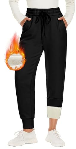CAMPSNAIL Warme Jogginghose Damen Gefütterte mit 2 Taschen Kordelzug Winter Fleece High Waist Lange Sportleggins Trainingshose Freizeithose Sweathose Schwarz XL