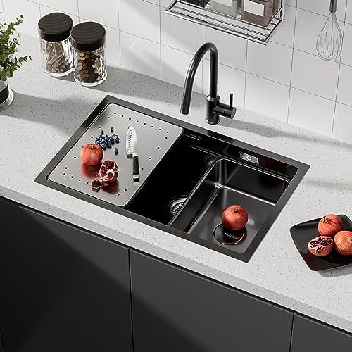 CECIPA Spülbecken Schwarz, 70 x 44 cm Unterbau Montageart arbeitsplatz küchenspüle, inkl. Ersatz-Innenspüle, Schneidebrett, Siphon, Über- und Ablauf-Set, Einbauspüle für ab 80 cm Küchenschrank